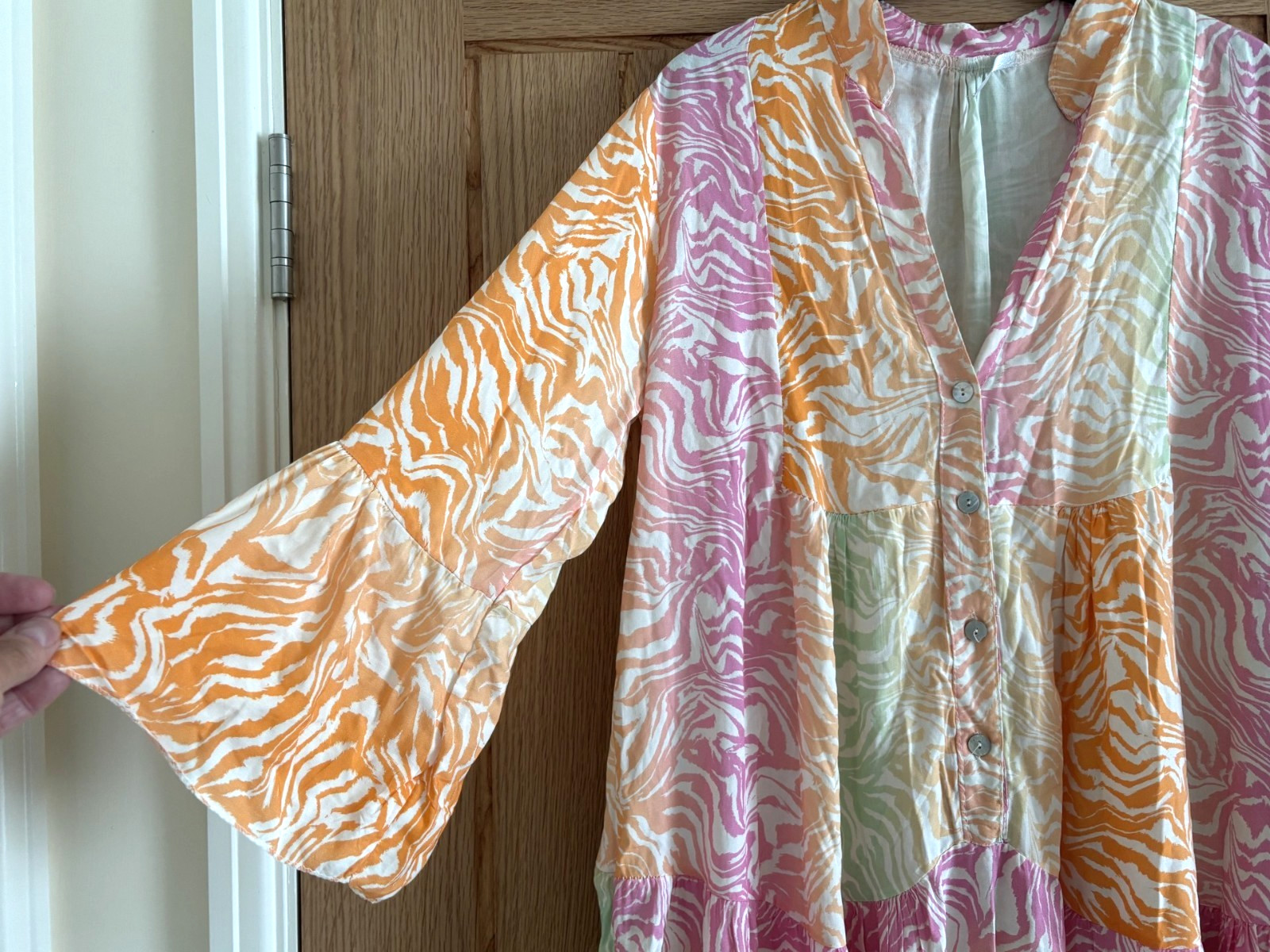 Made in Italy White, Orange, Pink & Green Print Short Smock Dress, approx 14-16