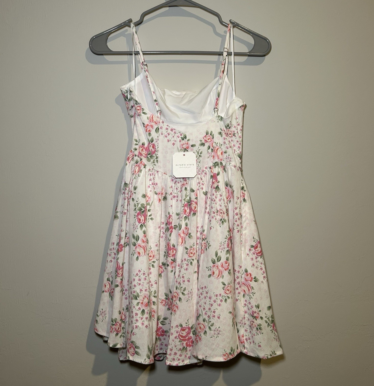 Altar’d State Floral Strappy Mini Dress Ivory/Pink/Green Women’s Regular XXS