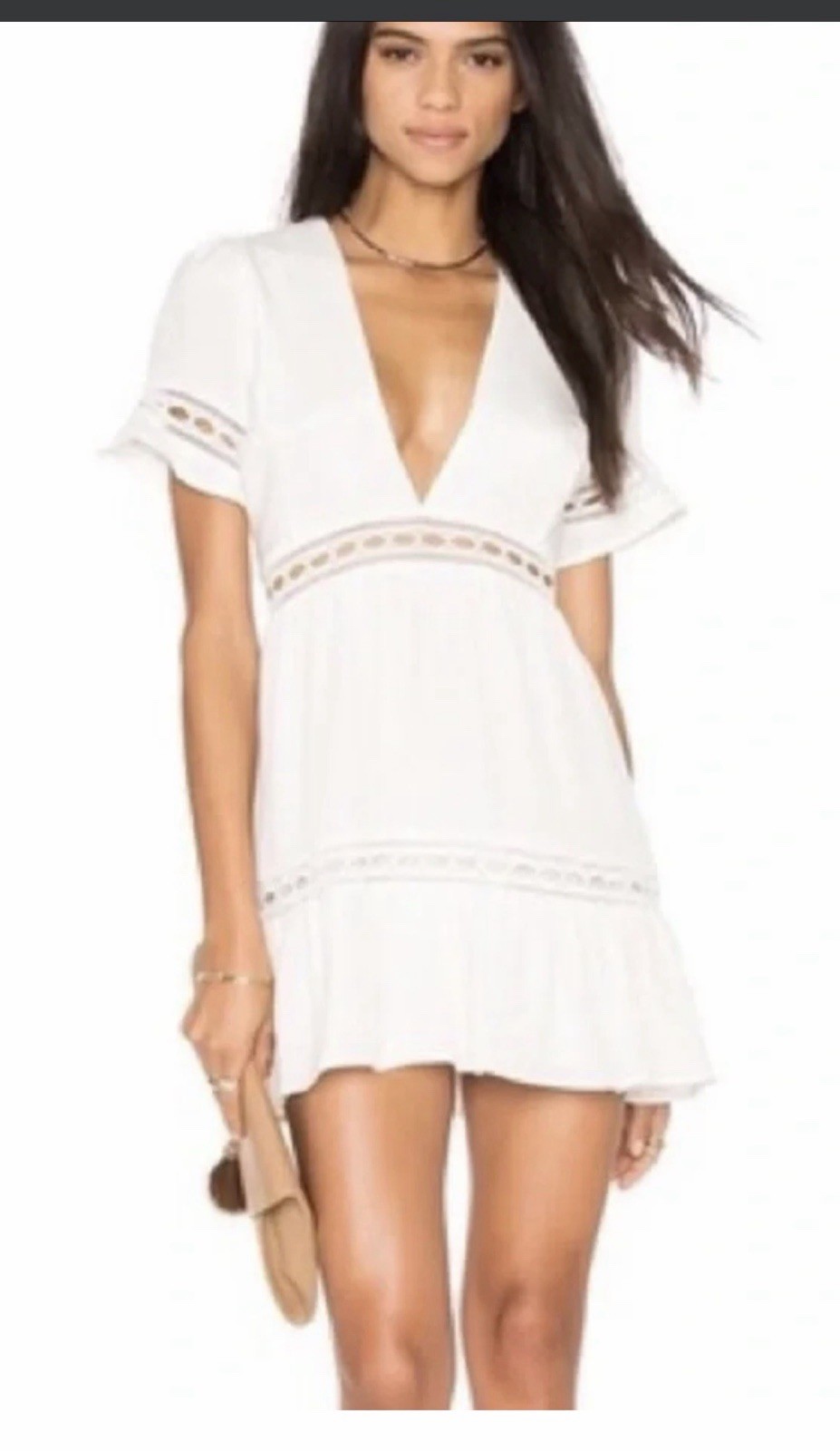Stone Cold Fox Ivory V-Neck Mini Dress Size 2 Puff Short Sleeve Lace Ruffle