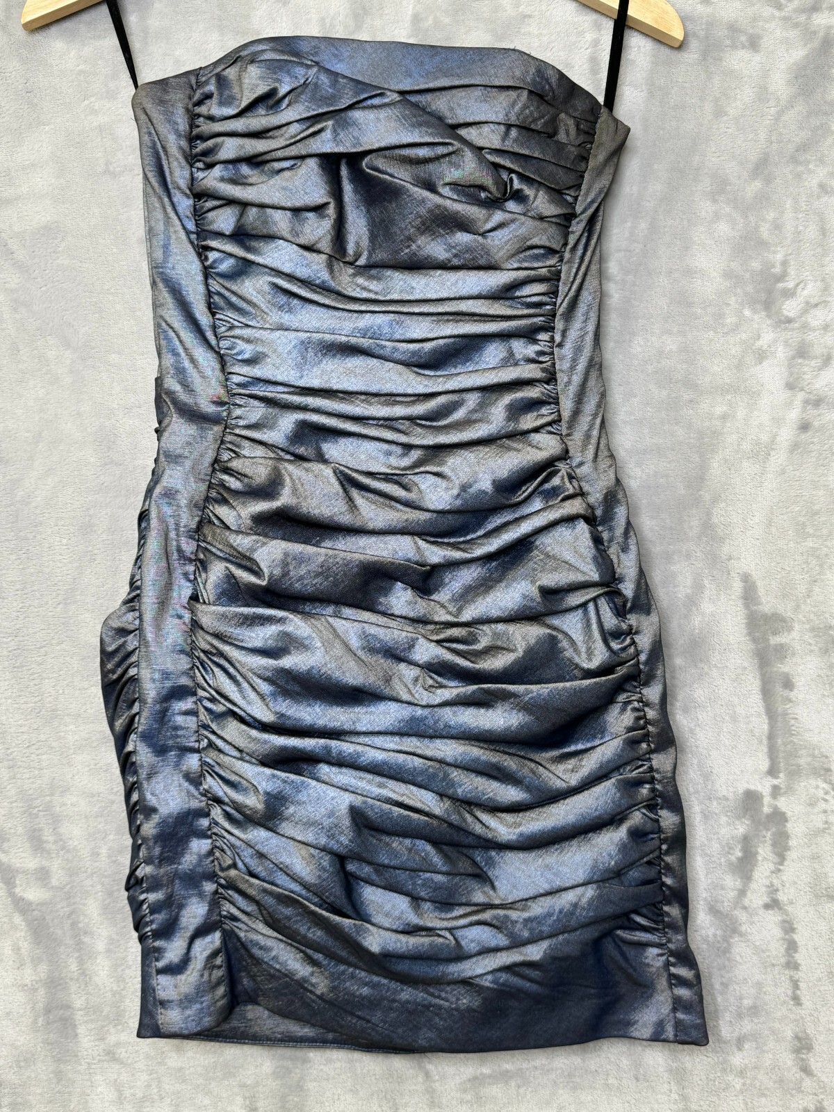 Jessica MCClintock Dress Womens 4 Iridescent Blue Gray Mini Ruched Lace Up Back