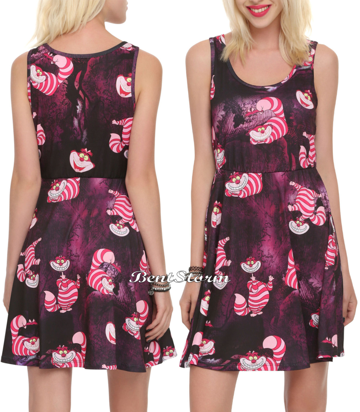 Cheshire Cat Fit Flare Skater Dress Disney Alice in Wonderland JUNIORS S-M NWT