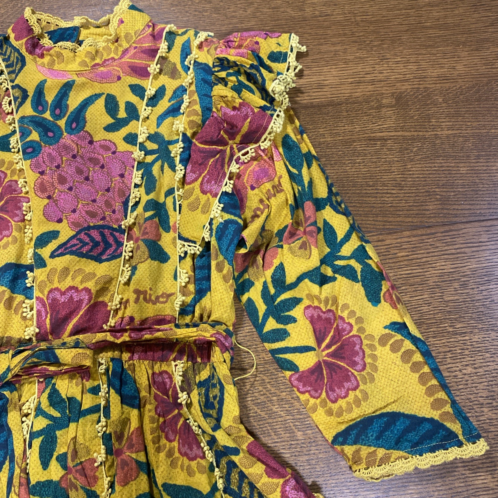 FARM RIO Yellow Flowerdoscopic Mini Dress High Neck Floral Boho Art Women’s Sz M