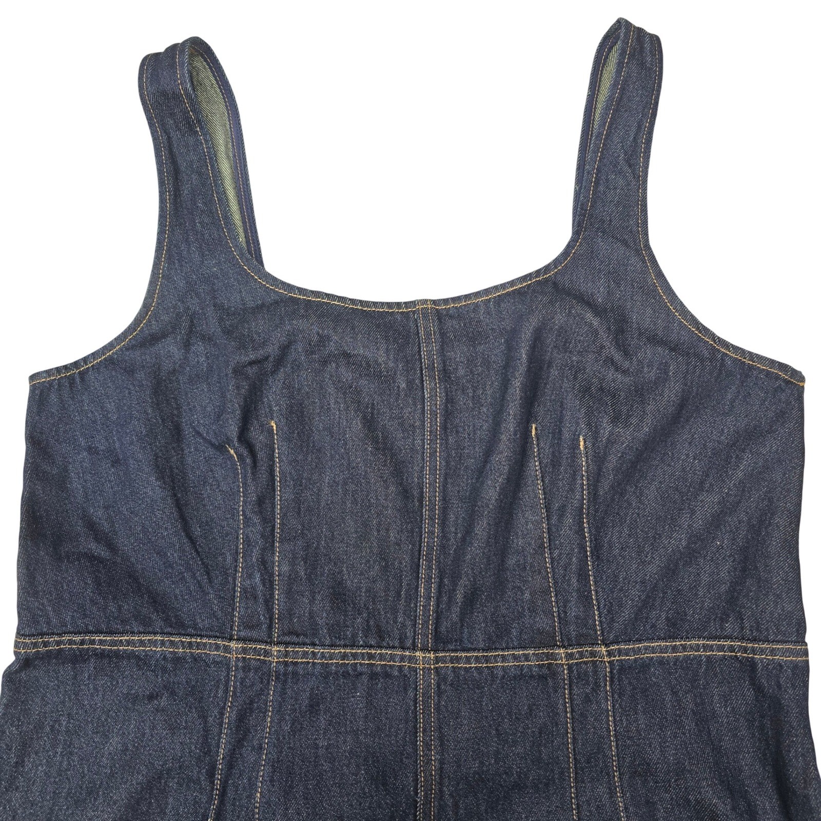Future Collective Dark Wash Denim Midi Dress Square Neck Smocked Back XL Indigo