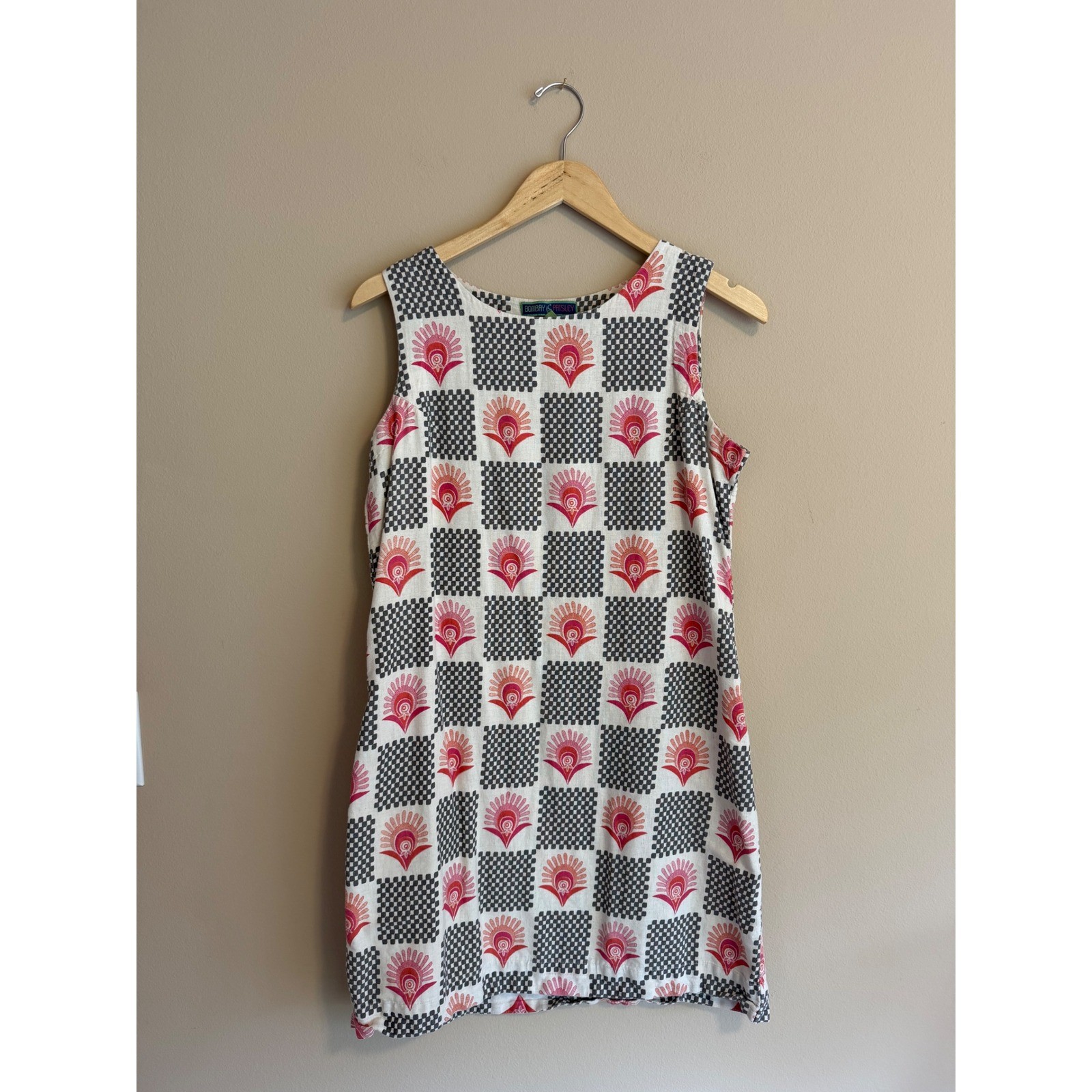 100% Cotton Linen Blend Summer Pink Floral Checkered Shift Dress Large
