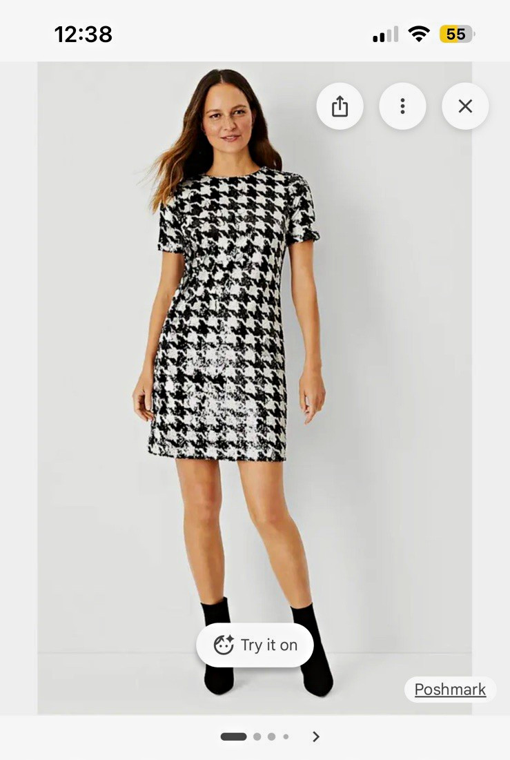 Ann Taylor Black White Houndstooth Sequin Shift Dress Round Neck Size 8P