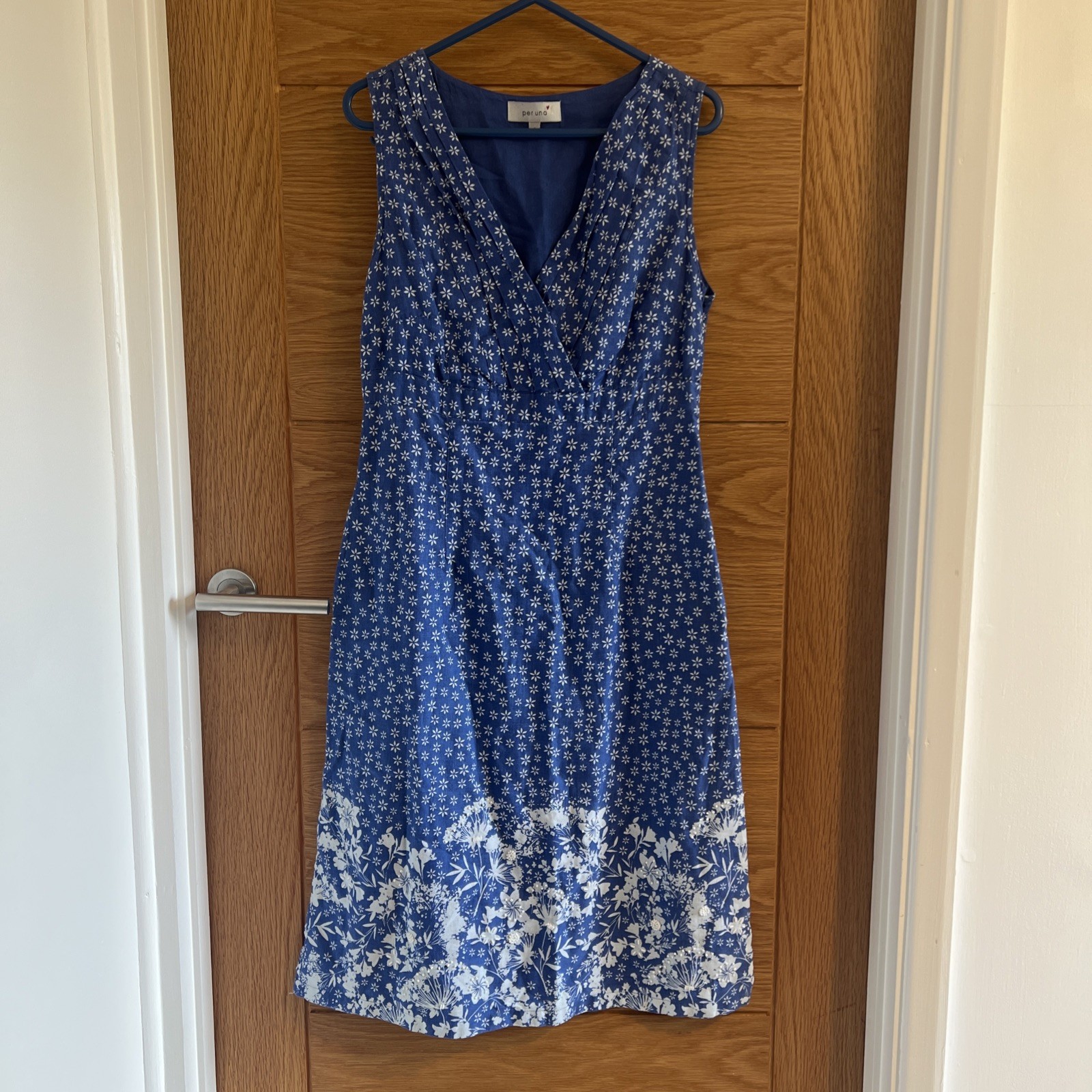 Per Una Dress UK 8 Blue White Floral Beaded Linen Cotton Blend Pockets Summer