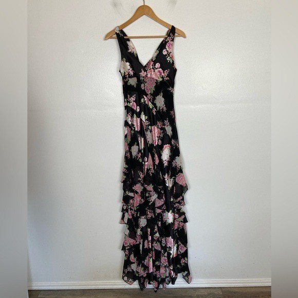 City Studio 90s Y2K Satin Chiffon Floral Maxi Dress Sz S Fairy Ruffle Cowl Neck