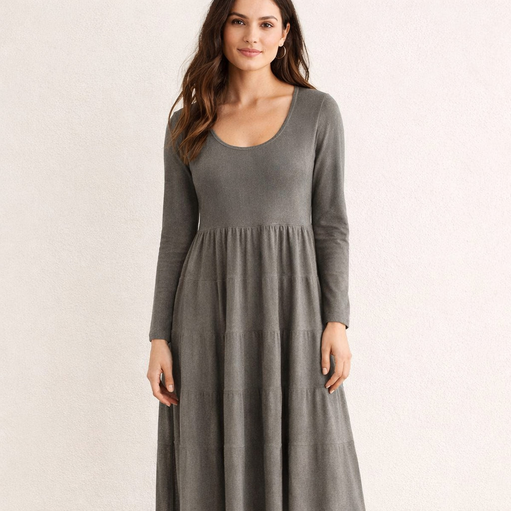 J. Jill Cotton Silk Knit Midi Dress Womens Sz S Taupe Tiers Minimalist Lagenlook