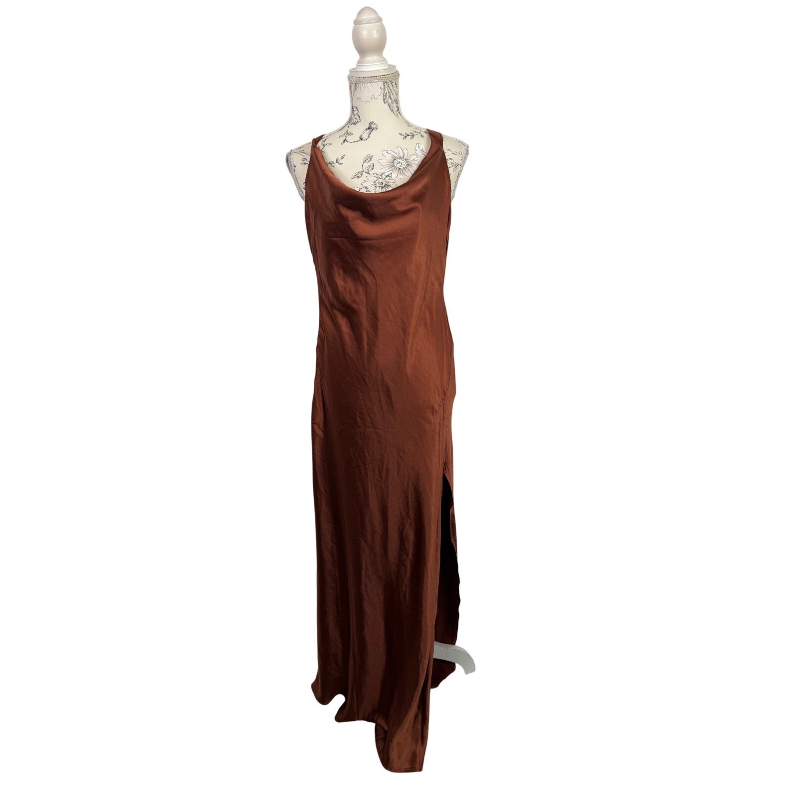 Billy J Sian Maxi Dress Rust Satin Cowl Neck Tie Back Formal Gown Size 10 NEW