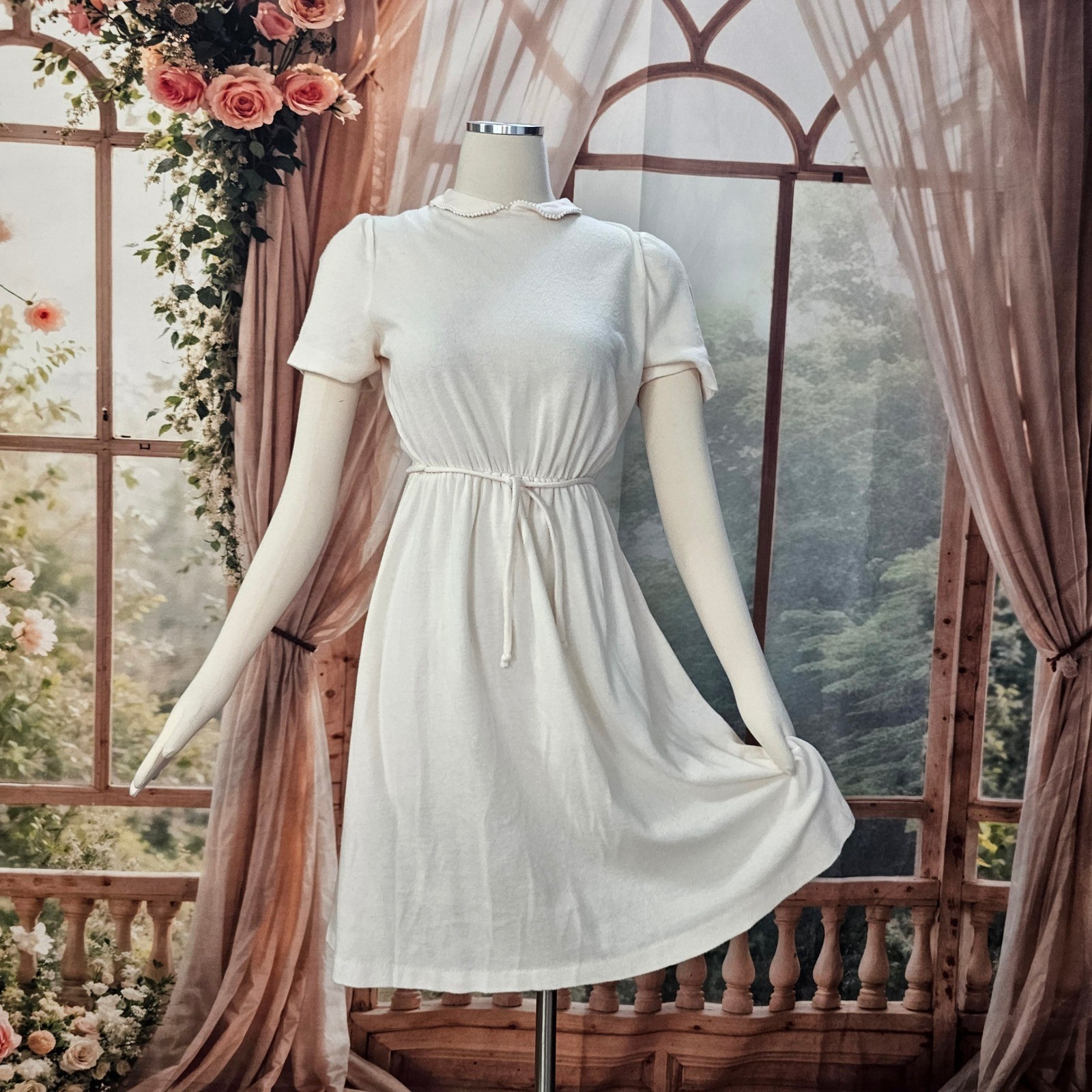 Vintage 1960’s Pale Pink Cream Dress Peter Pan Collar Pearl Trim Button Back