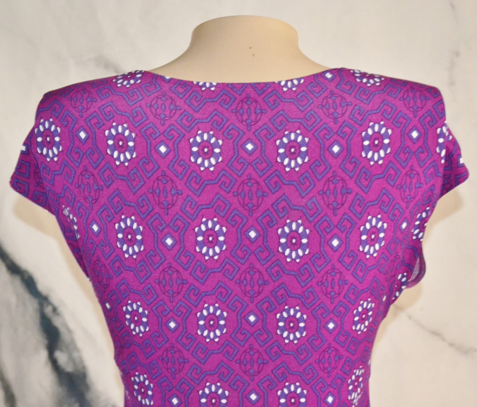 CHAPS Berry Blue Beige Patterned Dress Small Slight Cap Sleeve Twist Bust