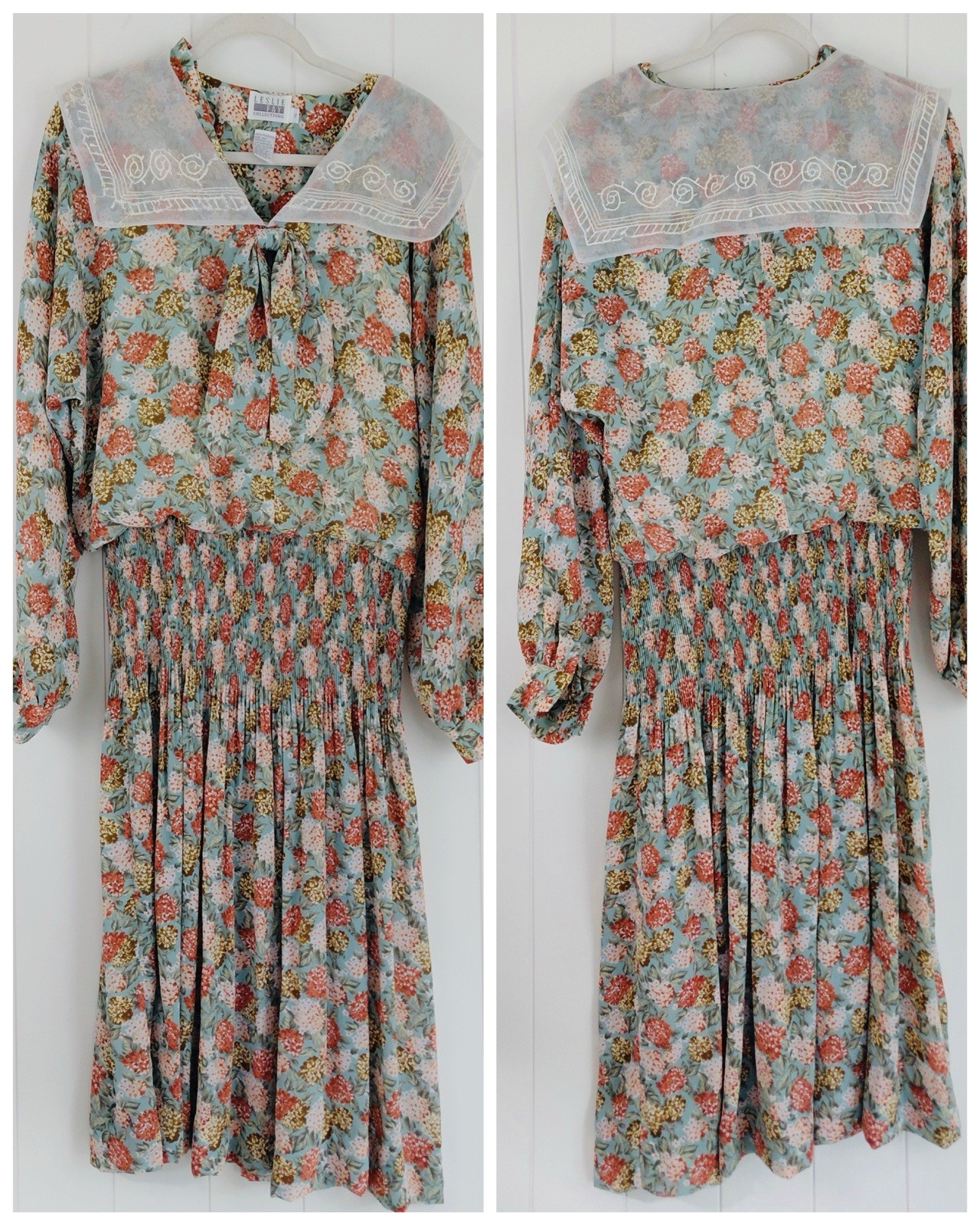 VTG 80s Leslie Fay Floral Smocked Waist Lace Collar Dress Cottagecore Modest 16