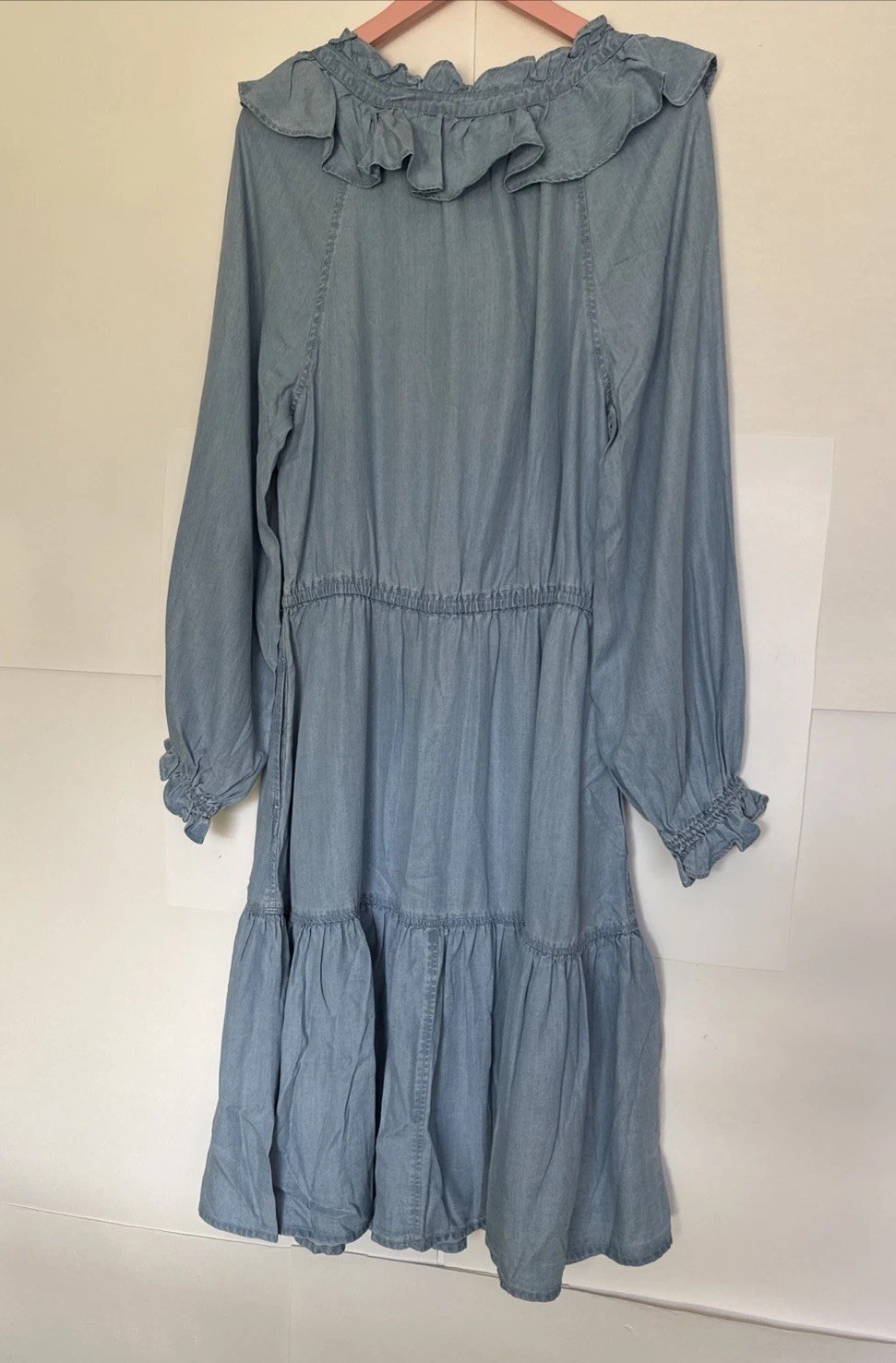 Lauren Ralph Lauren Chambray Dress Ruffle Neckline Tiered Skirt Size10 NWT