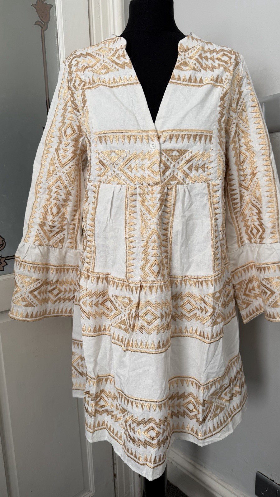 White & Gold Embroidered Boho Smock DressCotton Linen Blend BNWT