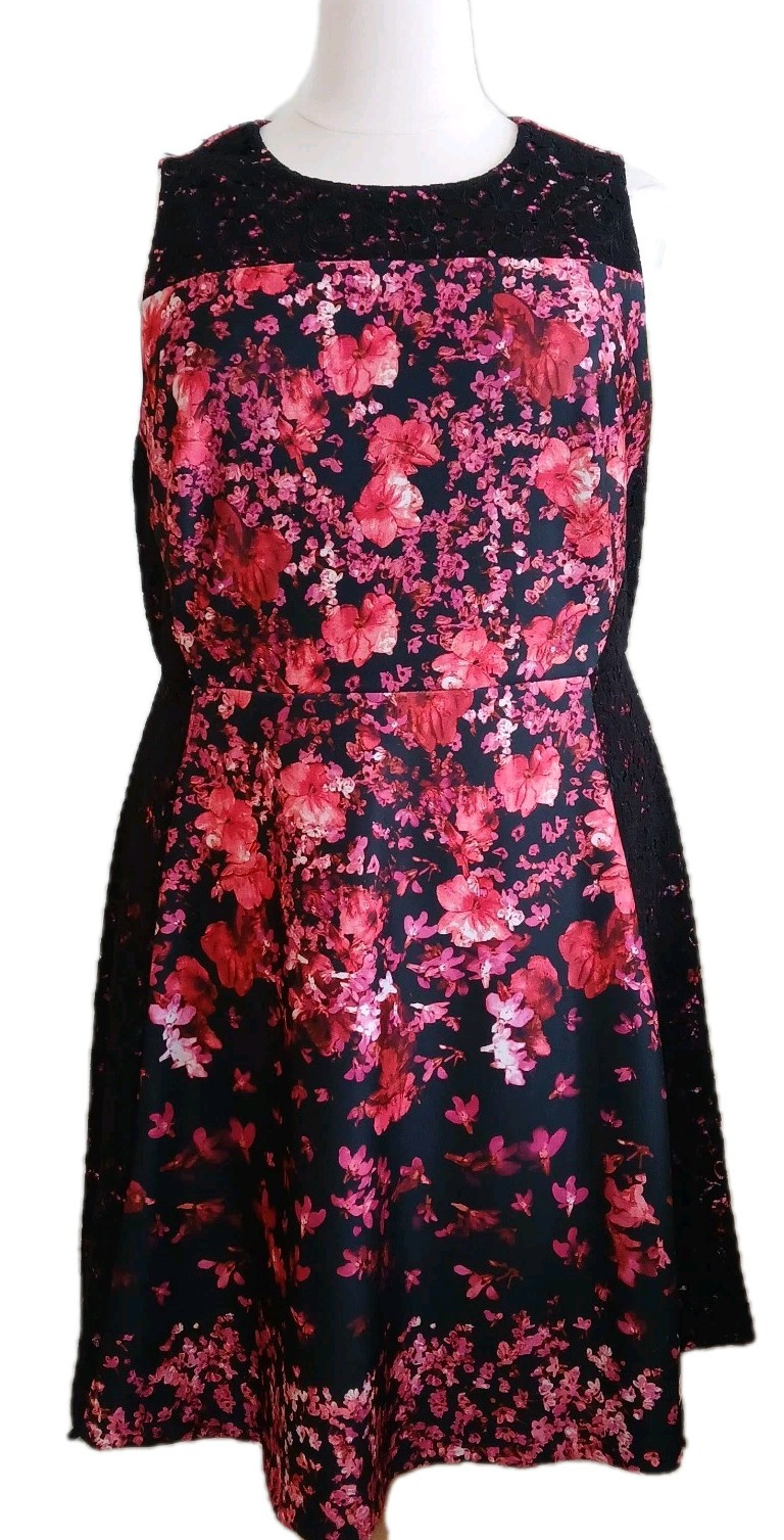 NWT ROZ ALI Women 20W Fit & Flare Swing Pink Floral Black Lace Sleeveless Dress
