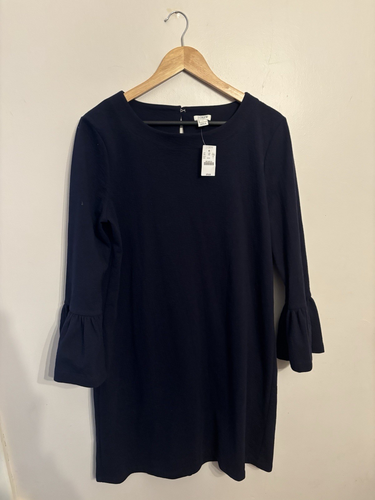 J.Crew Women’s Navy Ruffle Bell-Sleeve Shift Dress Cotton Blend Large New $79.50