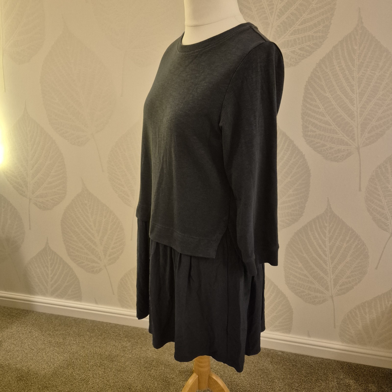 Oliver Bonas Size 12 Dark Grey Casual Mini Dress Comfy Winter Spring 3/4 Sleeve