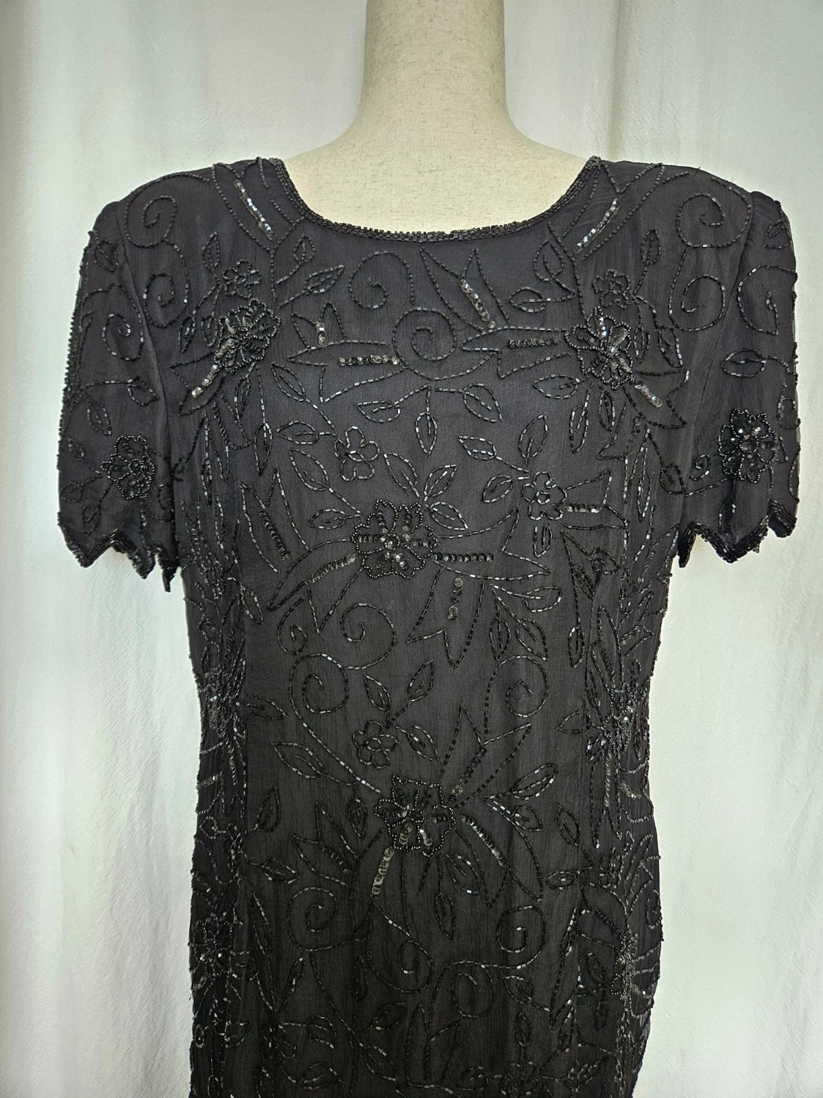 Stenay Black Silk Beaded Layered Art Deco Cocktail Party Dress Halloween Formal