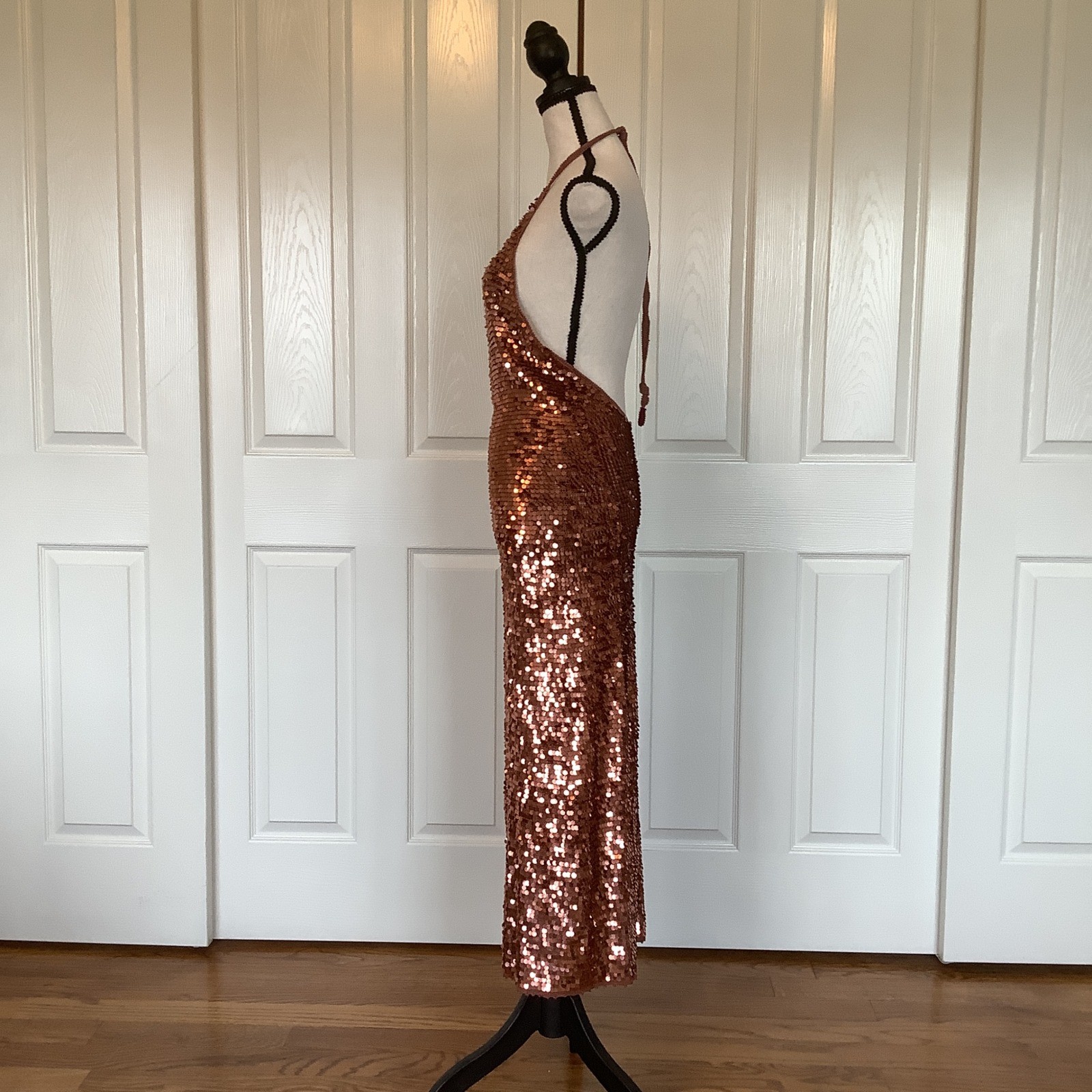 Calypso St Barth Copper Sequin Halter Maxi Dress Open Back Side Slit Size S NWOT