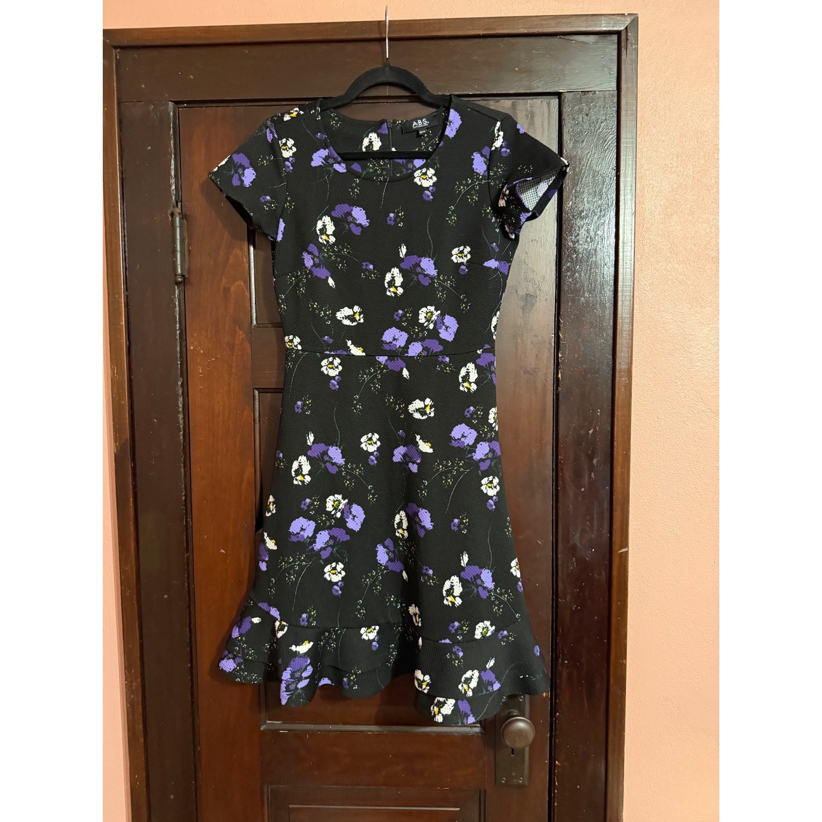ABS Collection Black Purple Floral Ruffle Hem Fit and Flare Mini Dress XS
