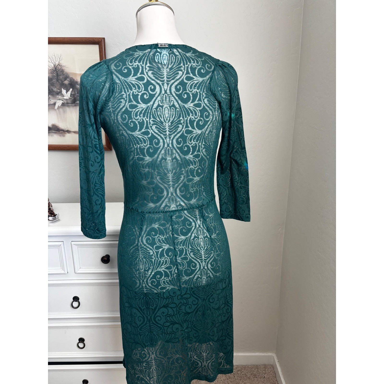 Marcia Mello Runway Teal Green Burnout Damask Wrap Style Dress V-Neck Sleeve P