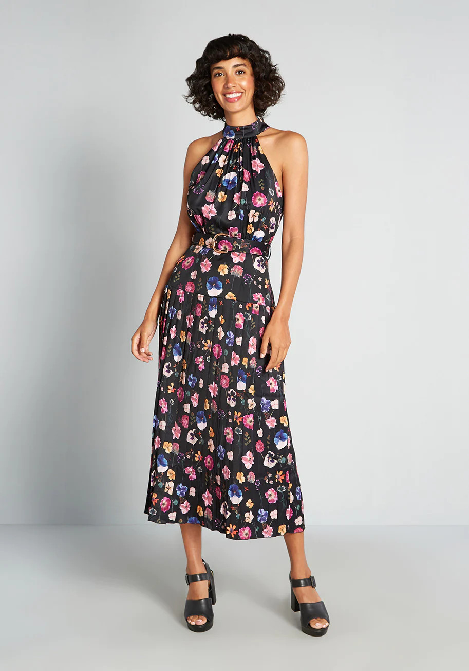 Little Mistress womens sz 14 Botanic Bounty Halter Dress black floral midi belt