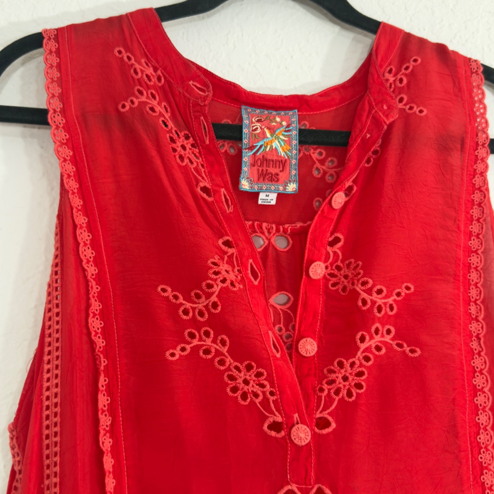 Johnny Was Rhodes Sleeveless Shift Dress Scarlet Red Embroidered Eyelet Accent M