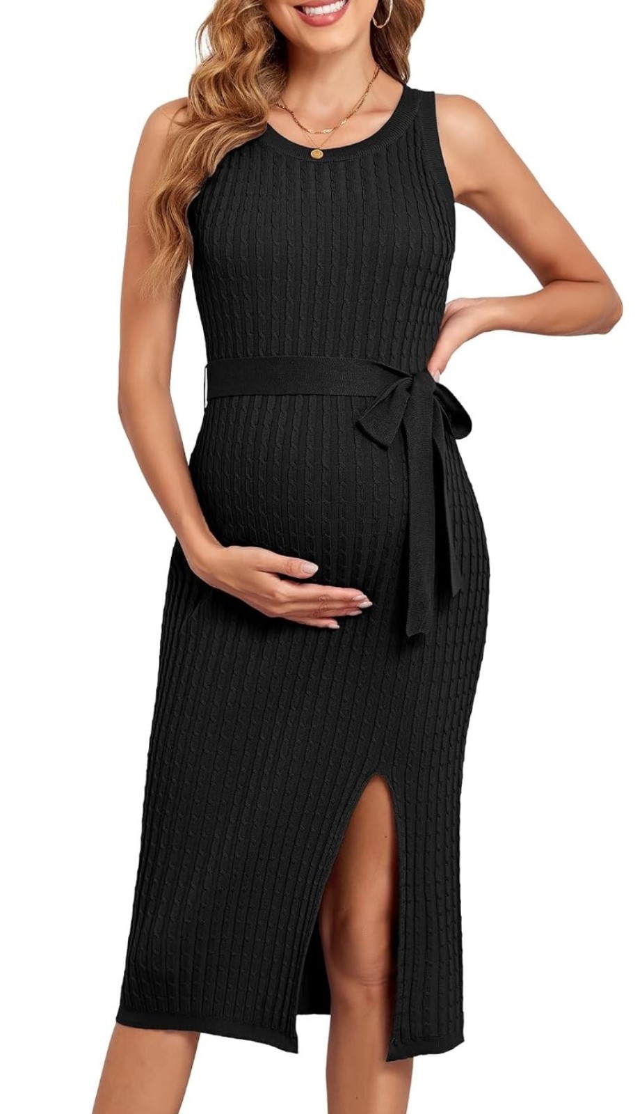 VFORCITY Maternity Apricot Cable Knit Midi Dress Sleeveless Belted Side Slit L