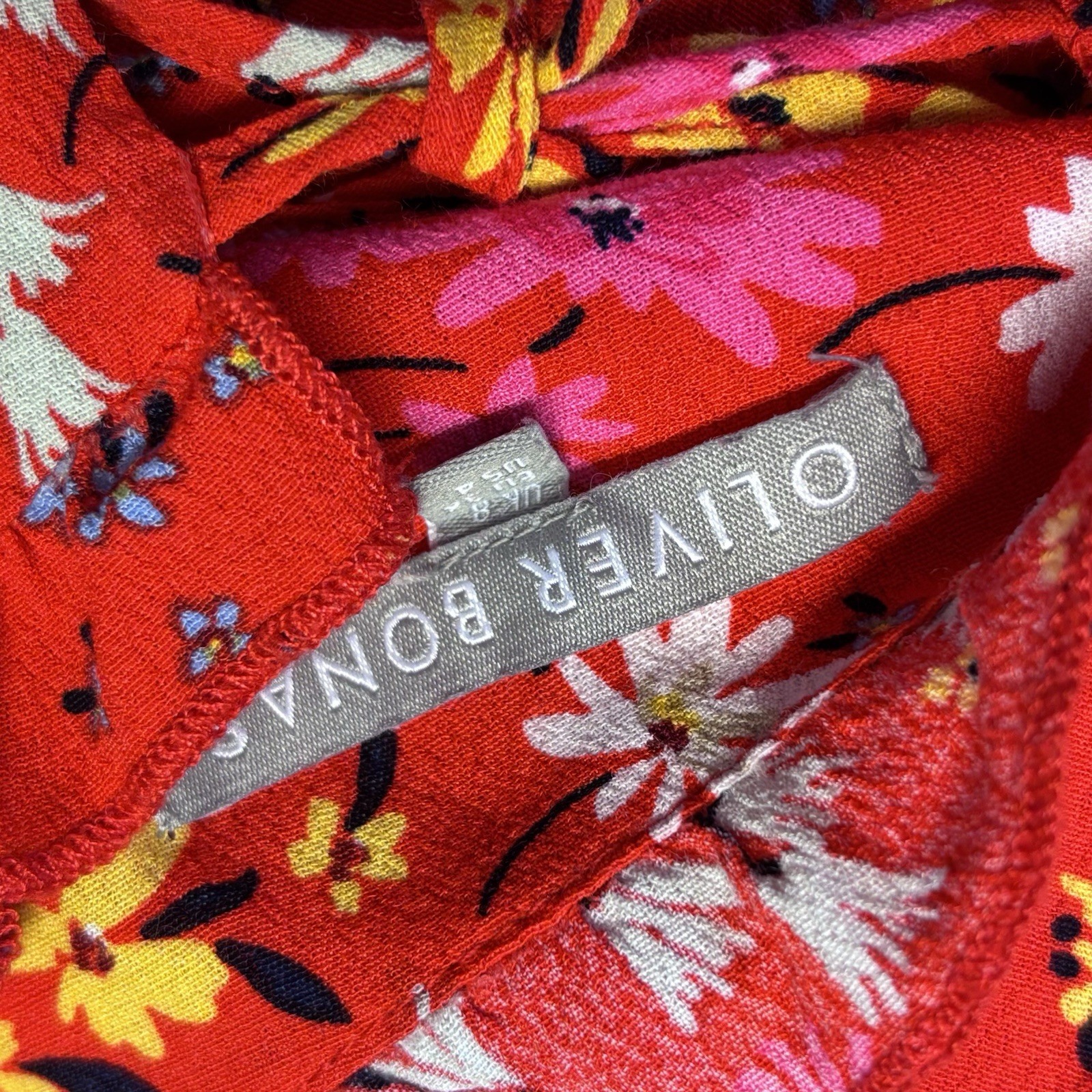 Oliver Bonas Midi Dress Size 8 Red Floral Pattern Ruffle Summer