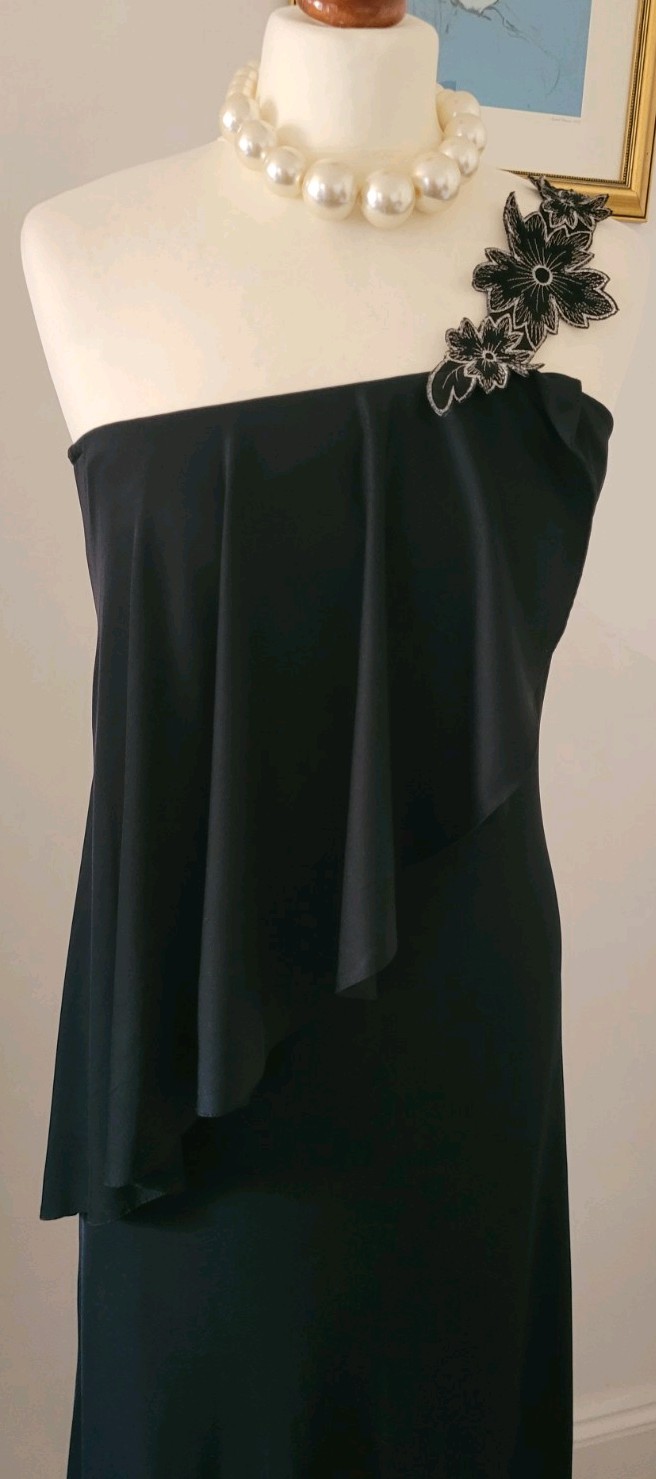 CLAUDIE AMOS Vintage Black One Shoulder Floral Applique Dress UK8 Made In UK