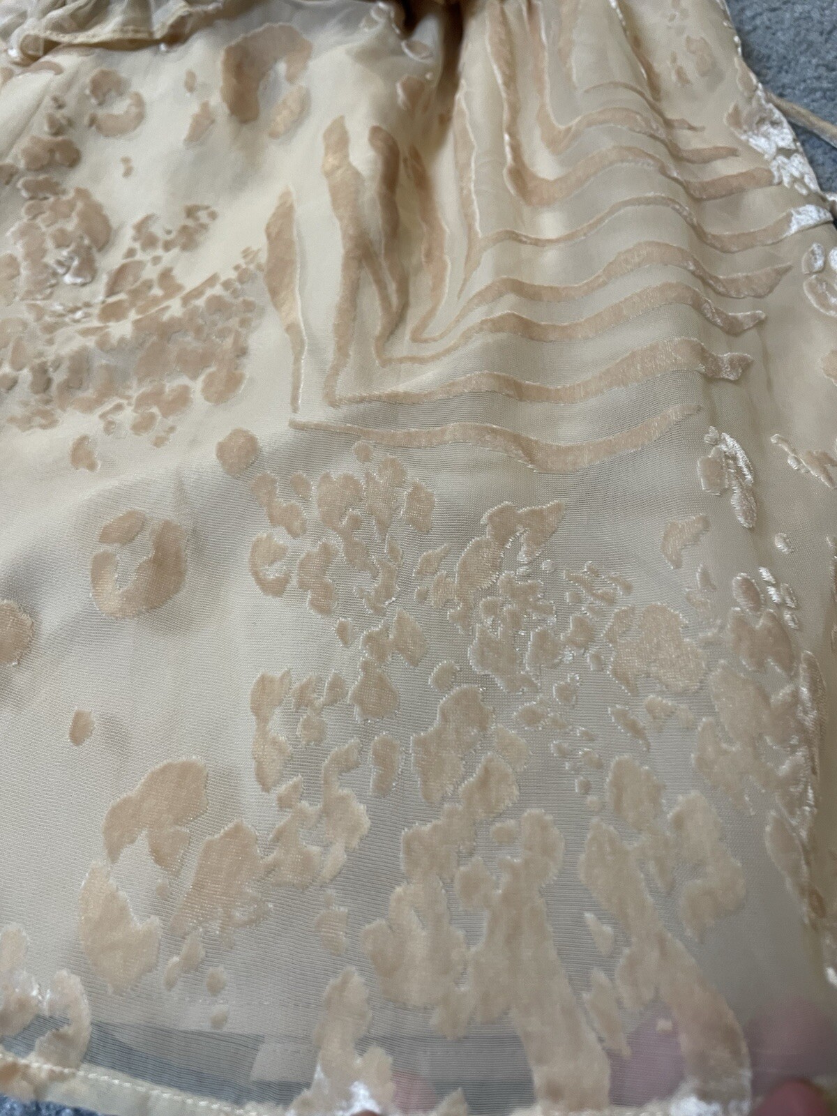 Saboluxe Strappy Open Back Dress M Mini Beige Velvet Floral Mesh Cut Out Waist