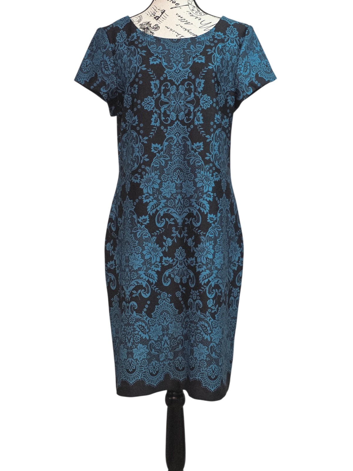 Studio One NY Ornate Teal Scroll Print Dress 14 Dark Academia Victorian Sheath