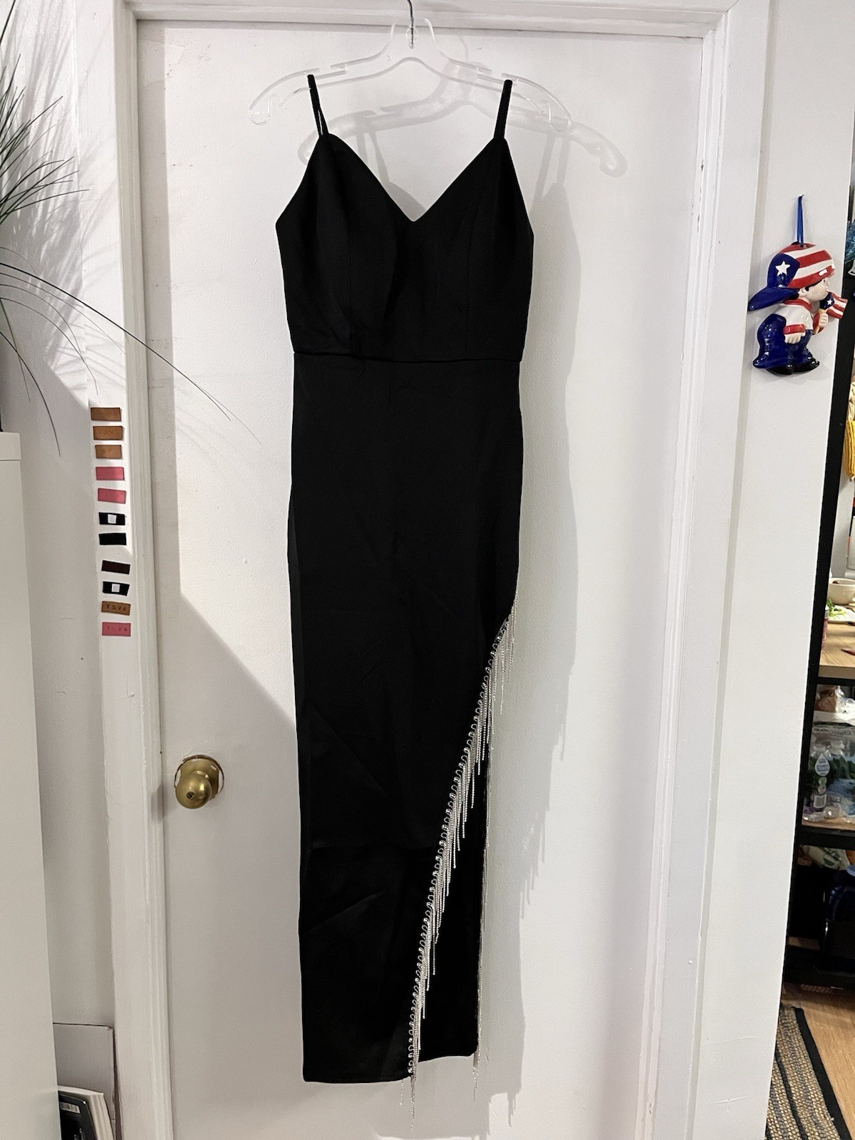 Black Evening Dress with Rhinestone Fringe – Size M