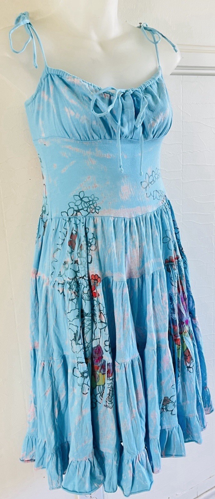 Vtg 1990s Y2K Butterfly Dropout Tiered Turquoise Tattoo Print Mini Dress-XS USA