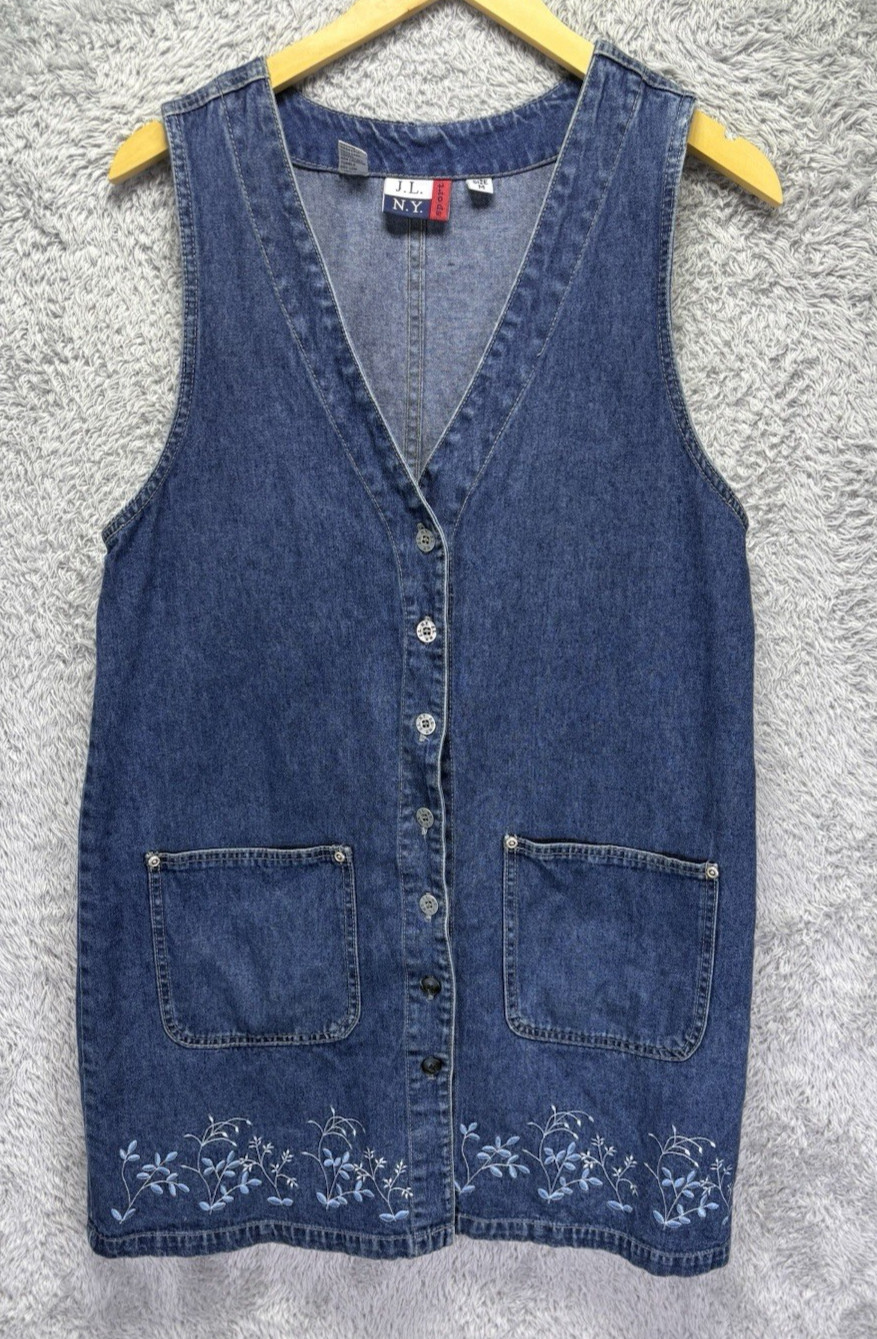J.L. N.Y. Sport Vintage Denim Jumper Dress Medium Wash Floral Embroidered Size M