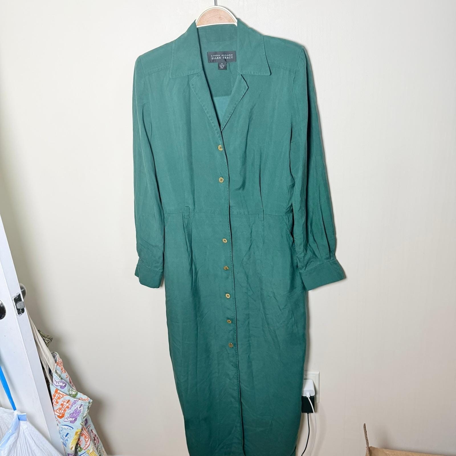 Linda Allard Ellen Tracy Teal Green 100% Silk Button Front Midi Dress Womens 10
