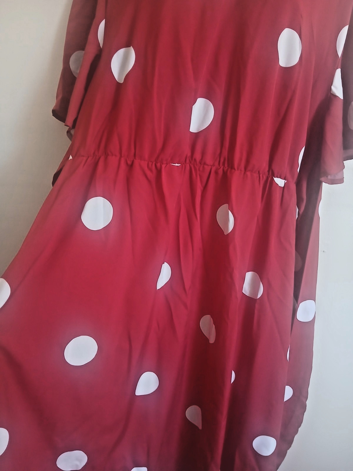 Women’s Red/White Polka Dot V-Neck Flutter Sleeve Tie Waist Midi Dress 3XL