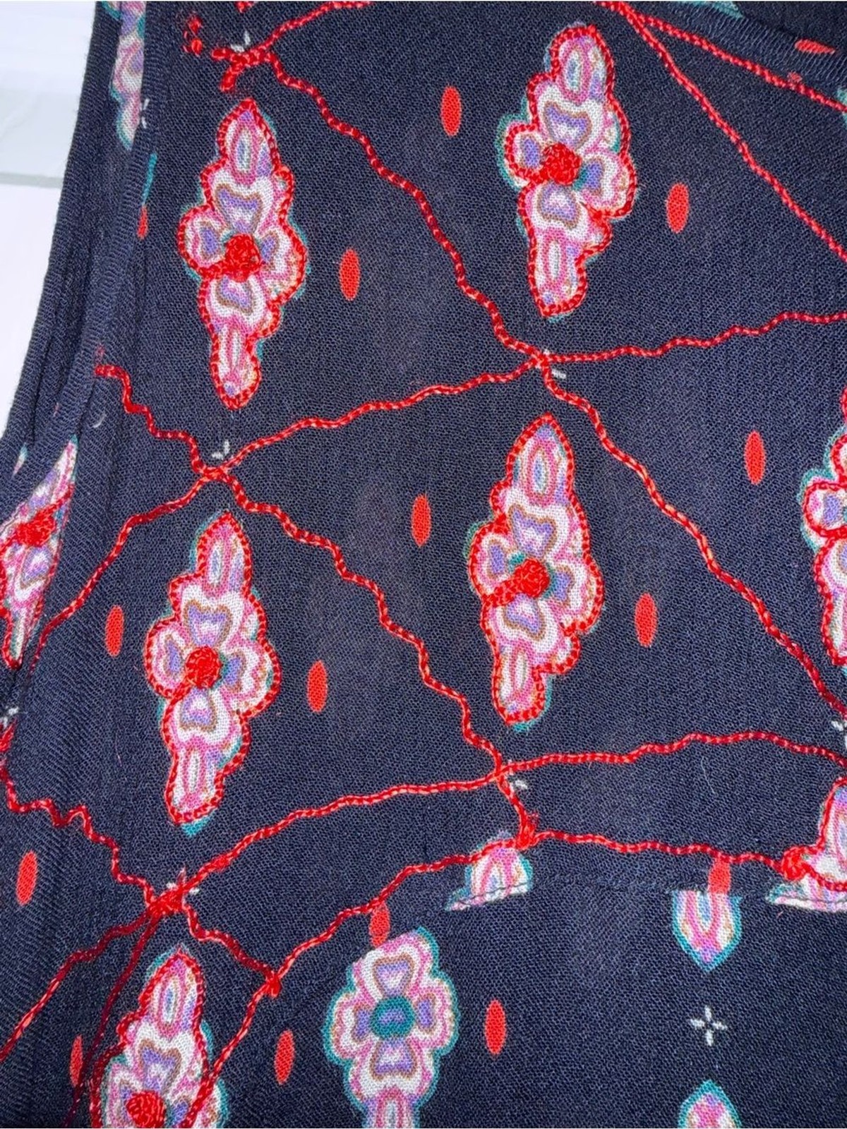 RAGA XS Embroidered Semi Sheer Navy Dress Floral Boho Whimsygoth Sharkbite Hem