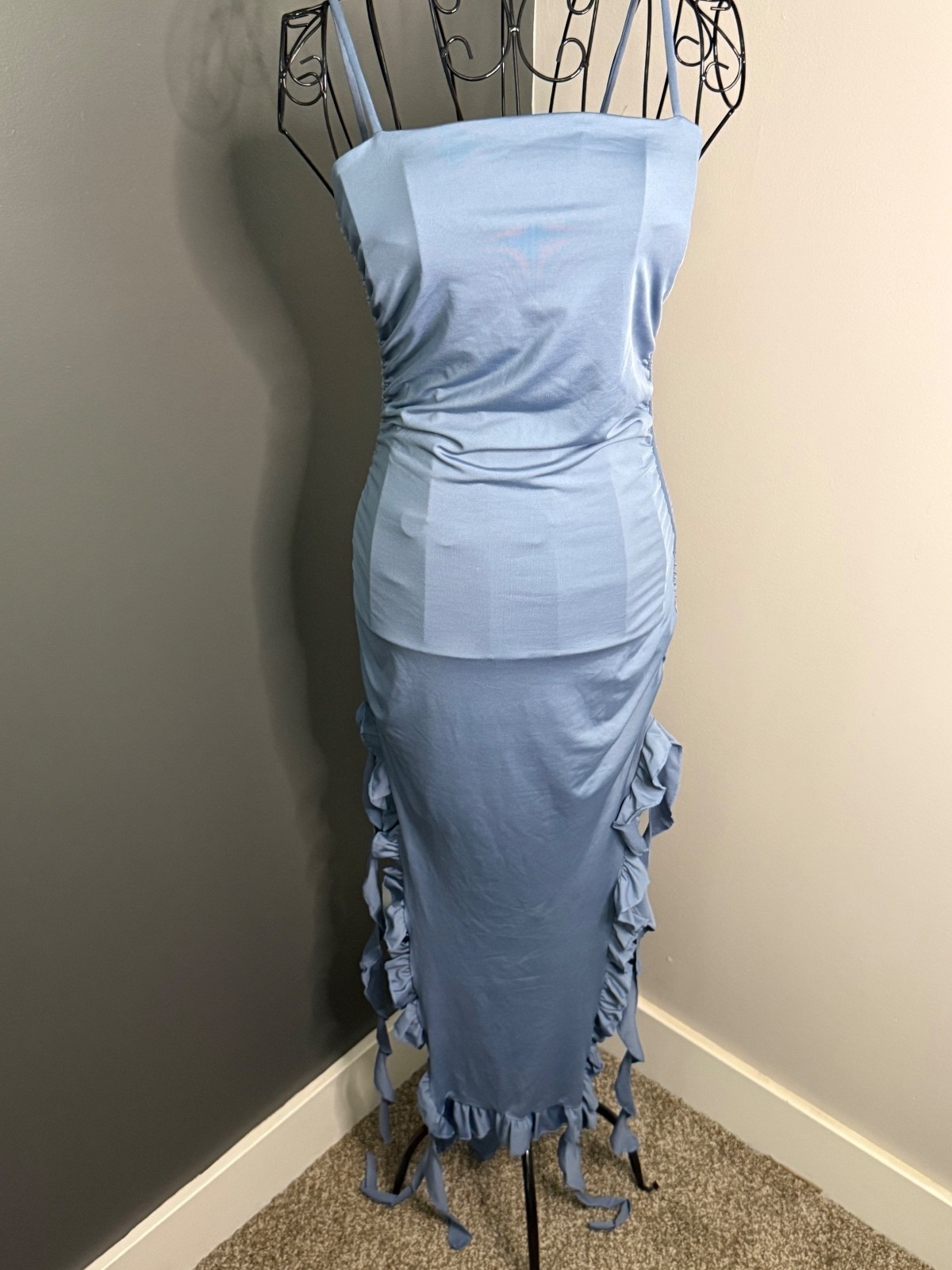 New- Womens Square Neck Spaghetti Strap Y2k Bodycon Dresses High Split -Small