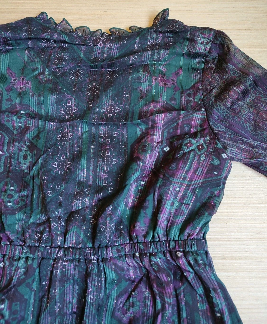Frye Knee Length Dress Ruffle Buttons Lurex Green Purple Floral Size M Women’s