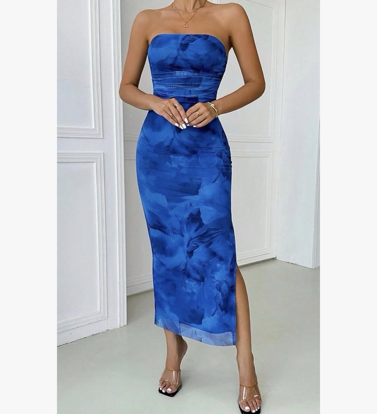 Women’s Summer blue Strapless Dresses Maxi Bodycon Floral Beach slit dress