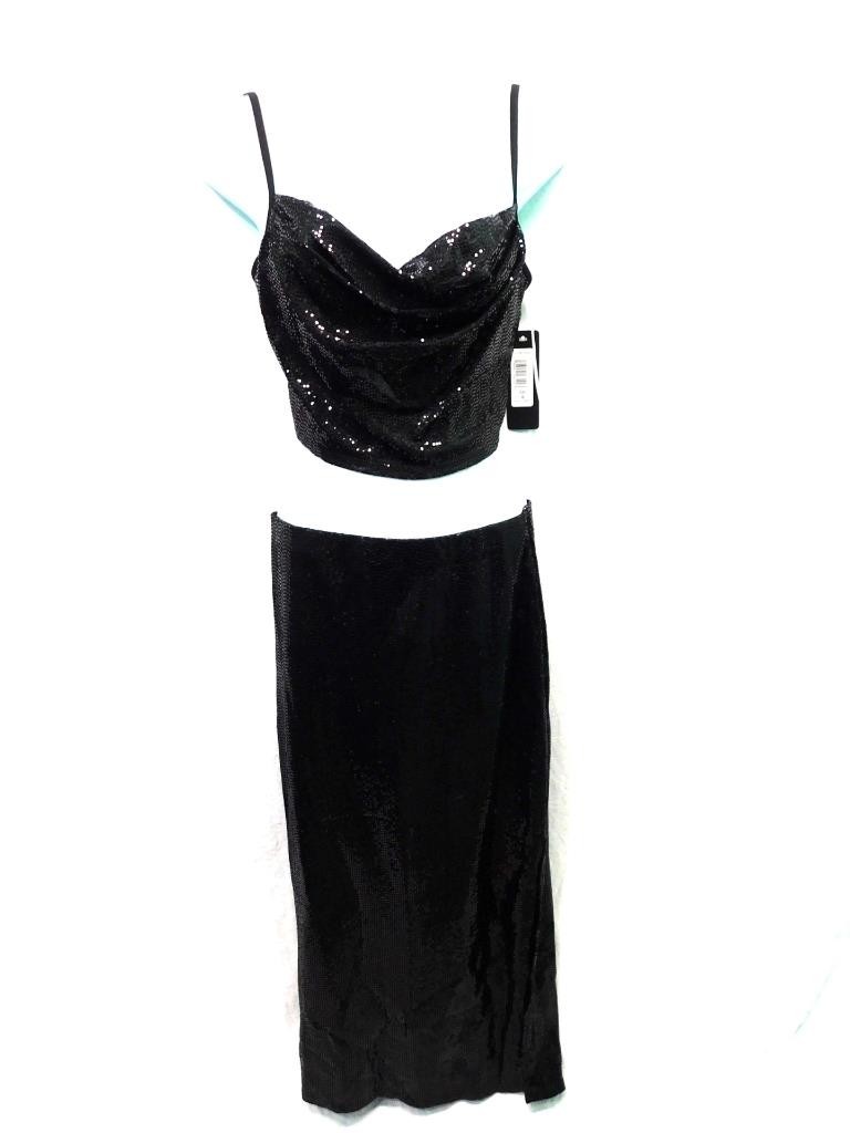 Bebe S NWT Black Sequined Crop Cami Top Skirt 2 Piece Dress Set Sleeveless Midi