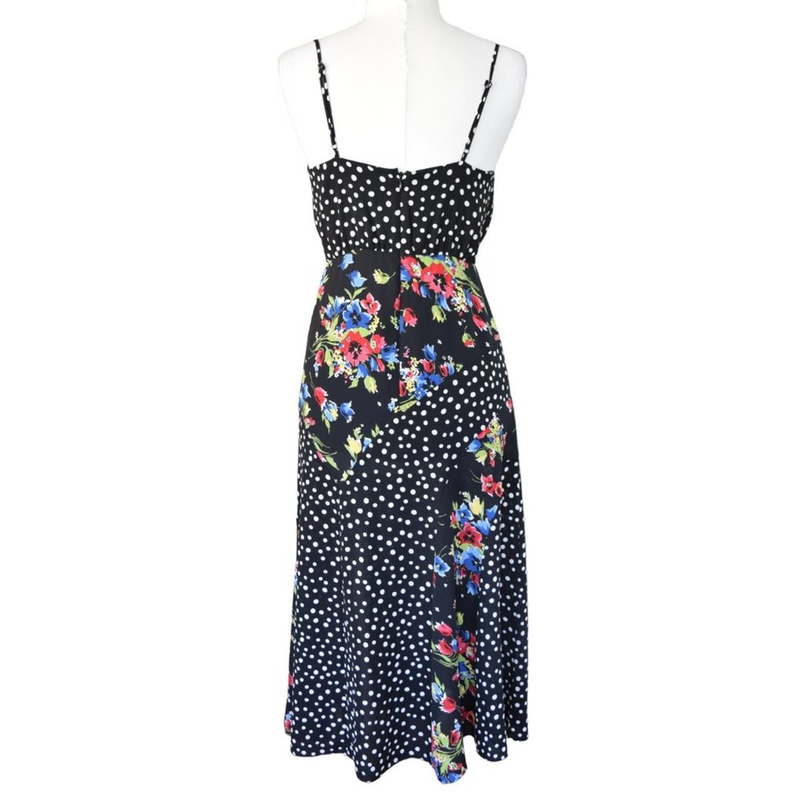 LIKELY Saige Midi Slip Dress Size 4 Black Floral Polka Dot Front Slit Revolve
