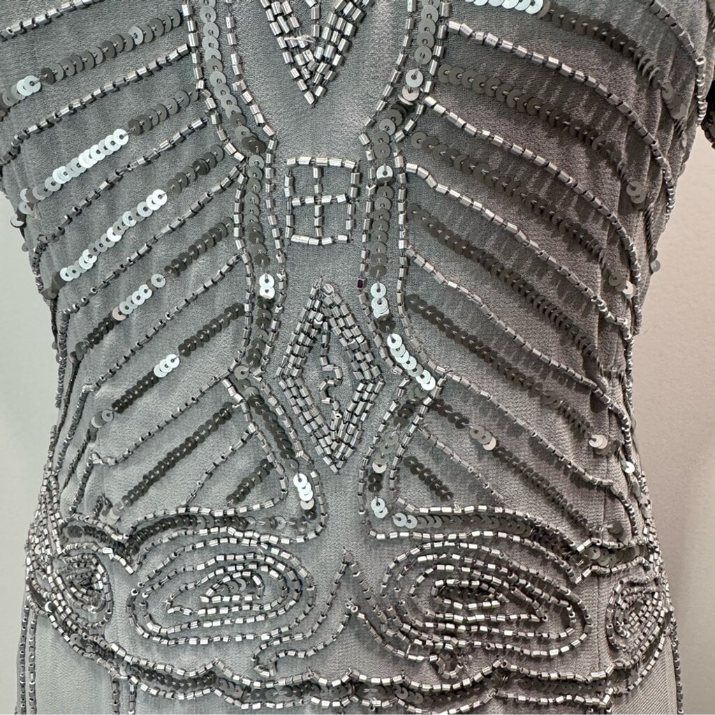 Cocktail Party Dress Silver Beaded Sequined Short Sleeve V Neck By Lace & Beads