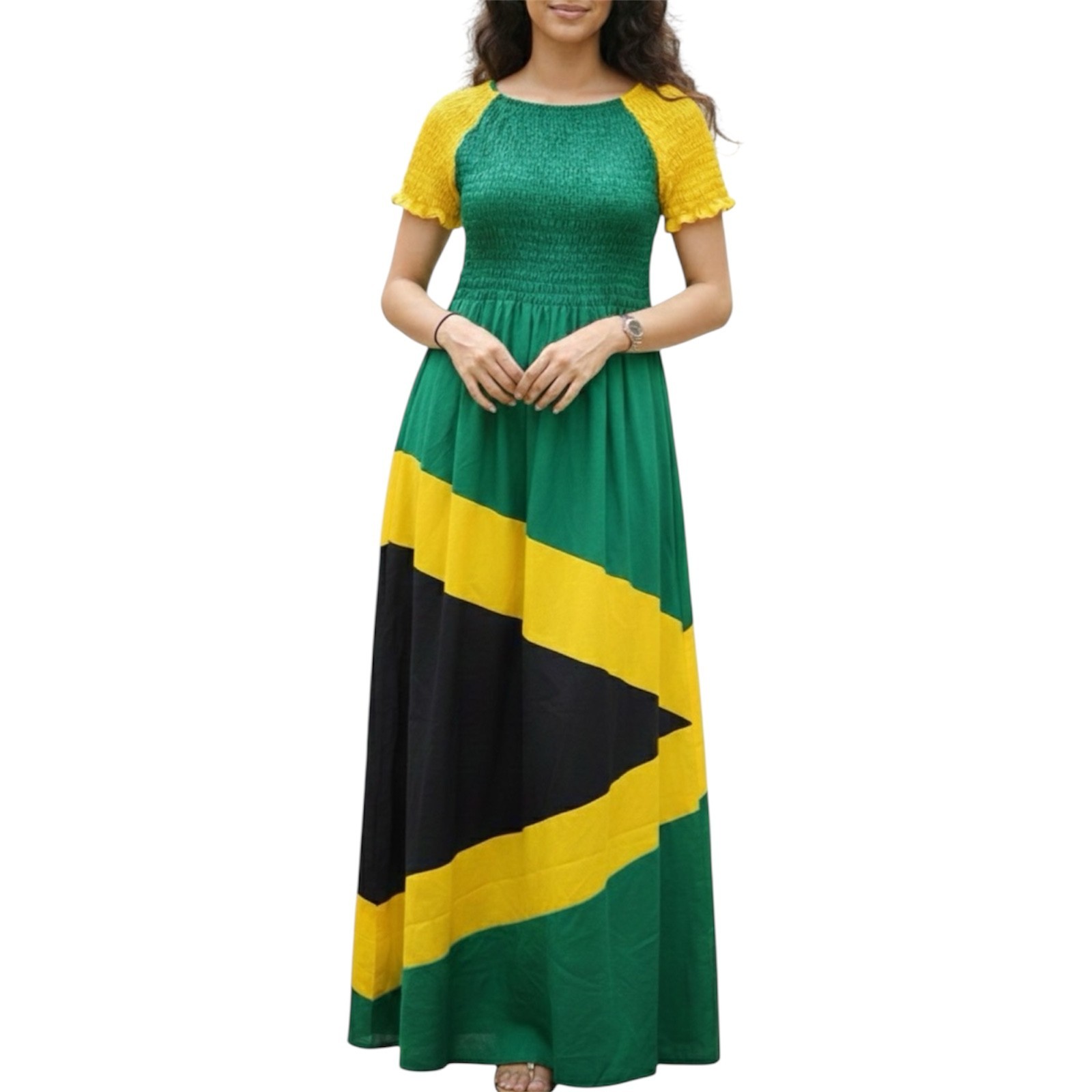Women’s Vibrant Green and Yellow Maxi Dress Jamaican Dress Free Size & Plus Size