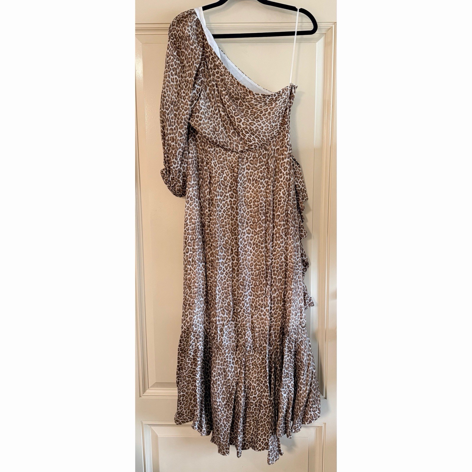 J. Crew Collection Tan Satin Leopard Print One Shoulder Dress, Size 12