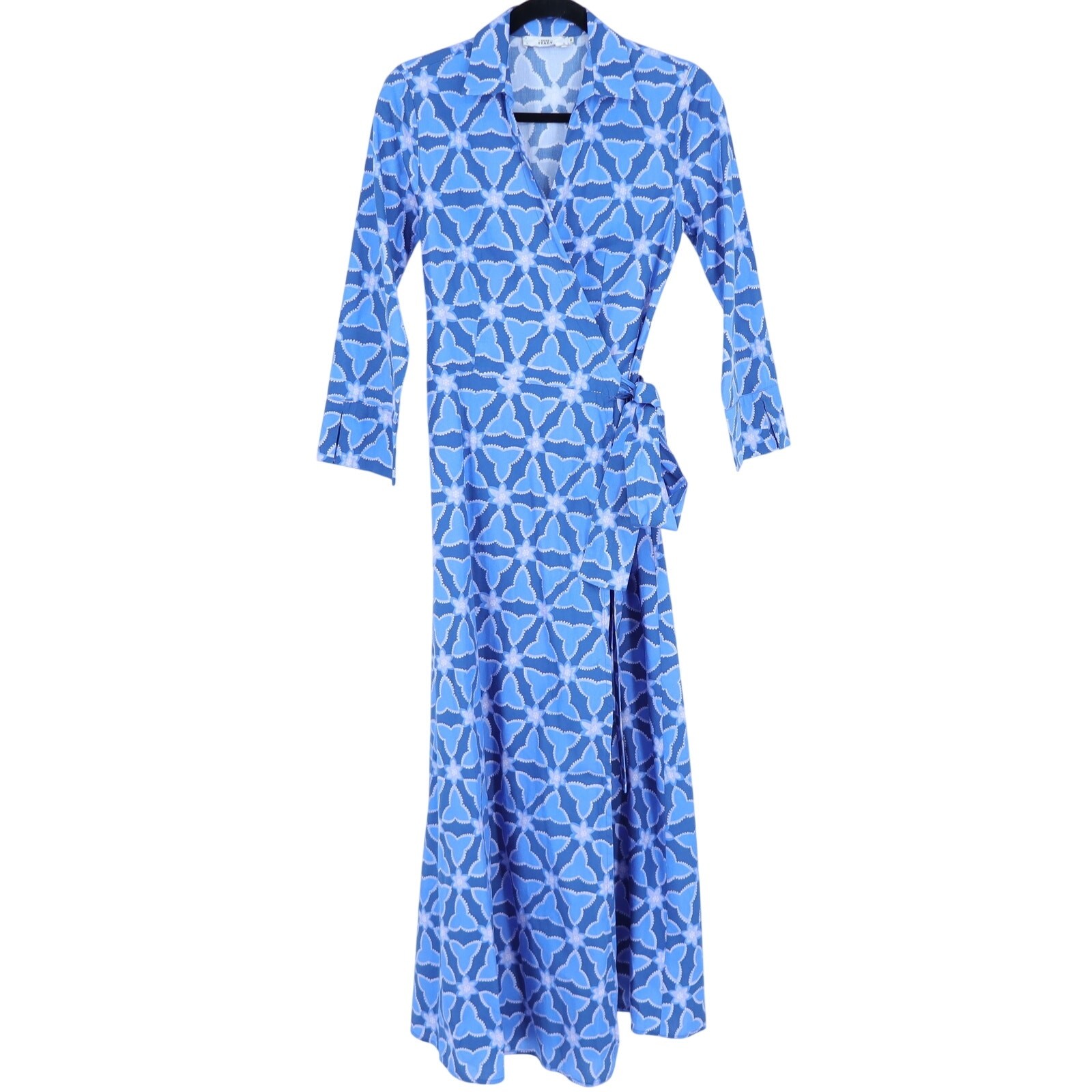 0039 ITALY Havanna Printed Wrap Midi Dress Blue 3/4 Sleeves Women’s XS