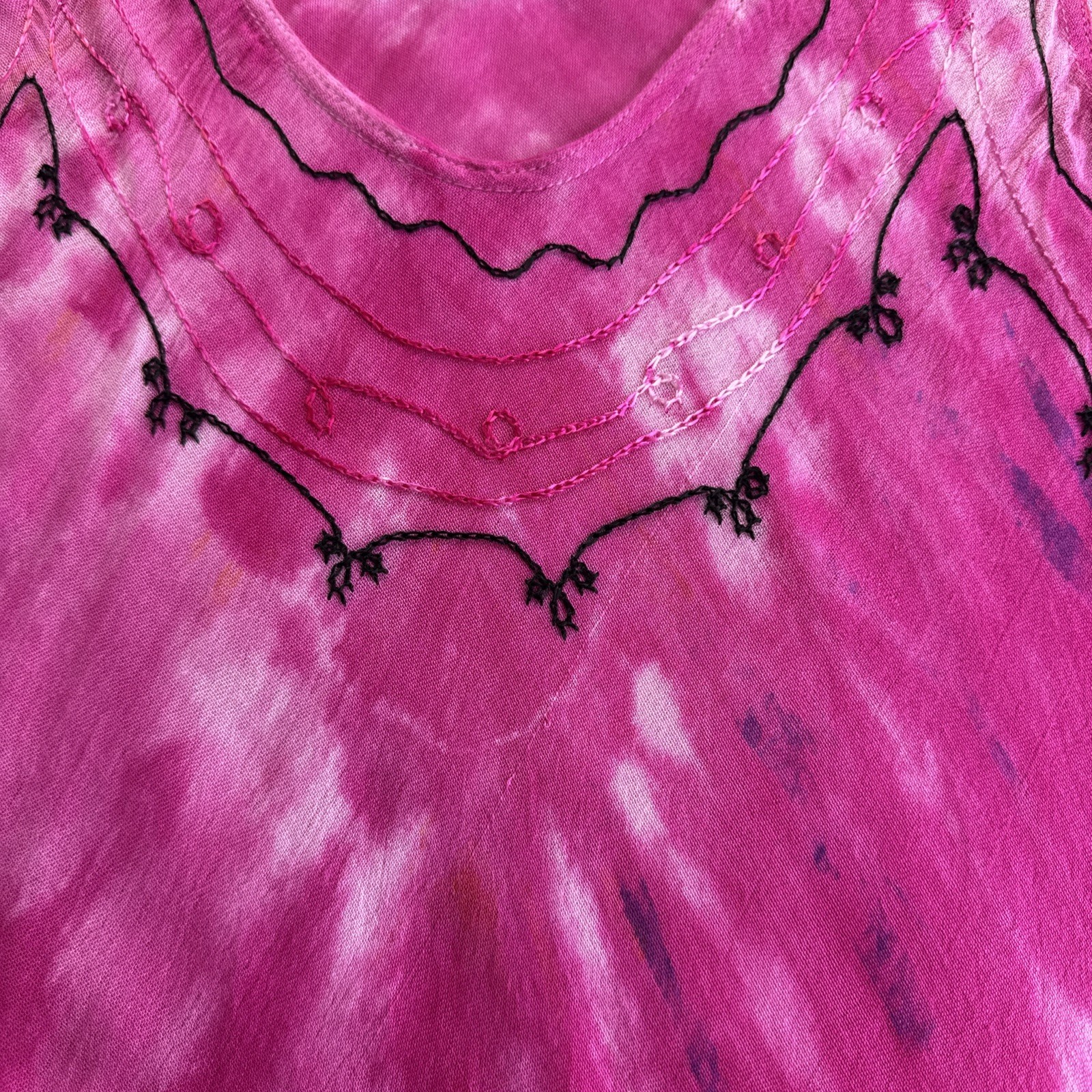 Cute Options Bohemian Sundress Free Size Pink Multi Tie Dye Embroidered #0284