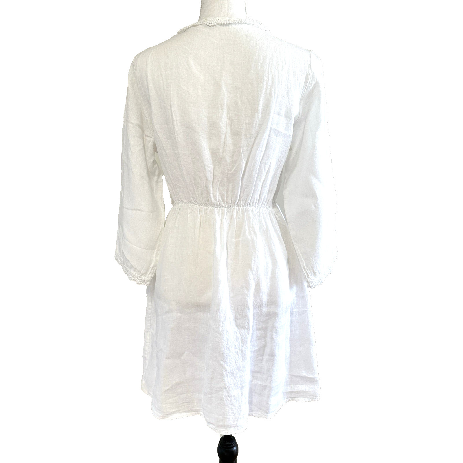 Valentina Naldi sz L White 100% Linen Crochet Trim V-Neck Mini Dress Italy Made