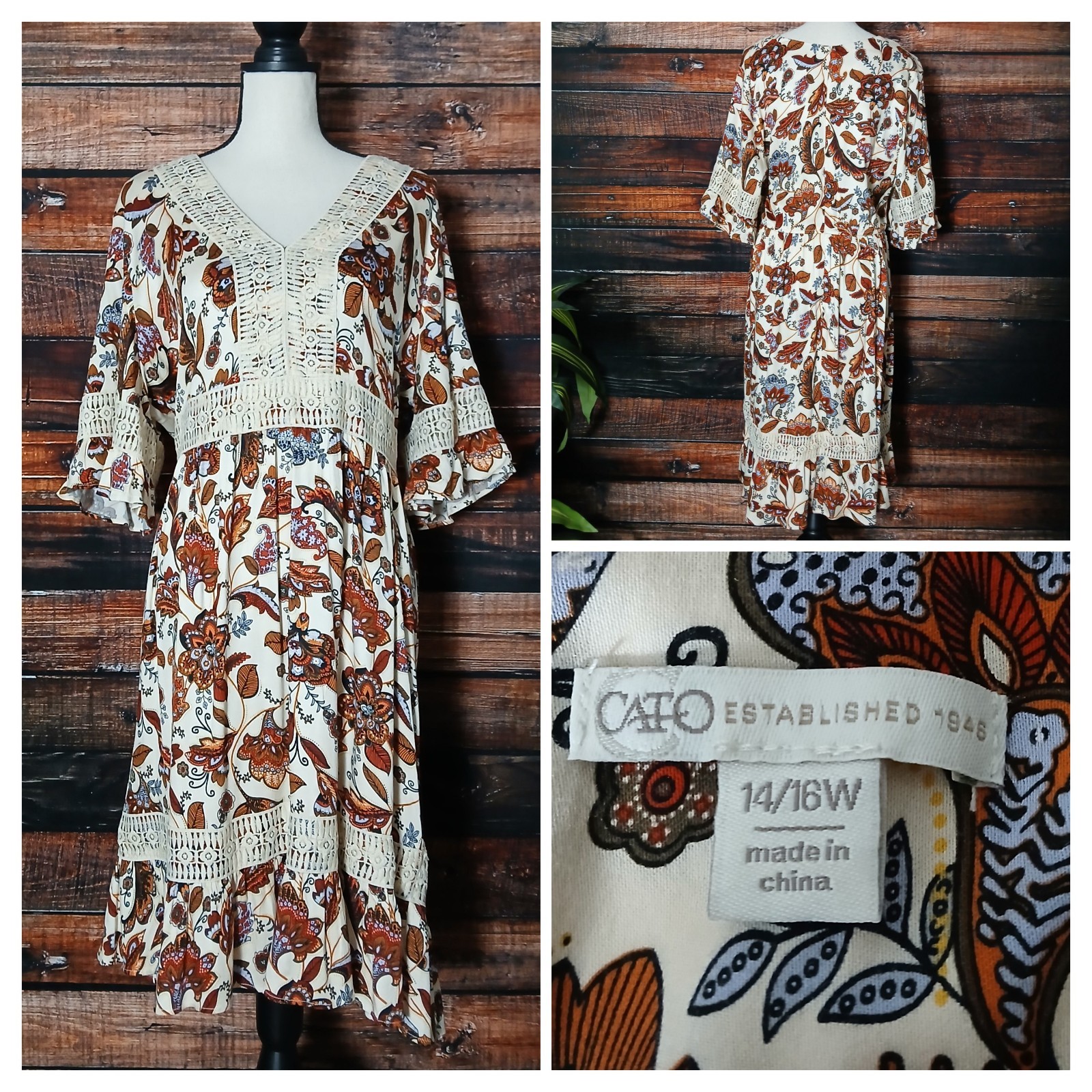 Cato Peasant Dress Size 14 16 W Boho Rayon Crochet Flared Half Bell Sleeve Midi